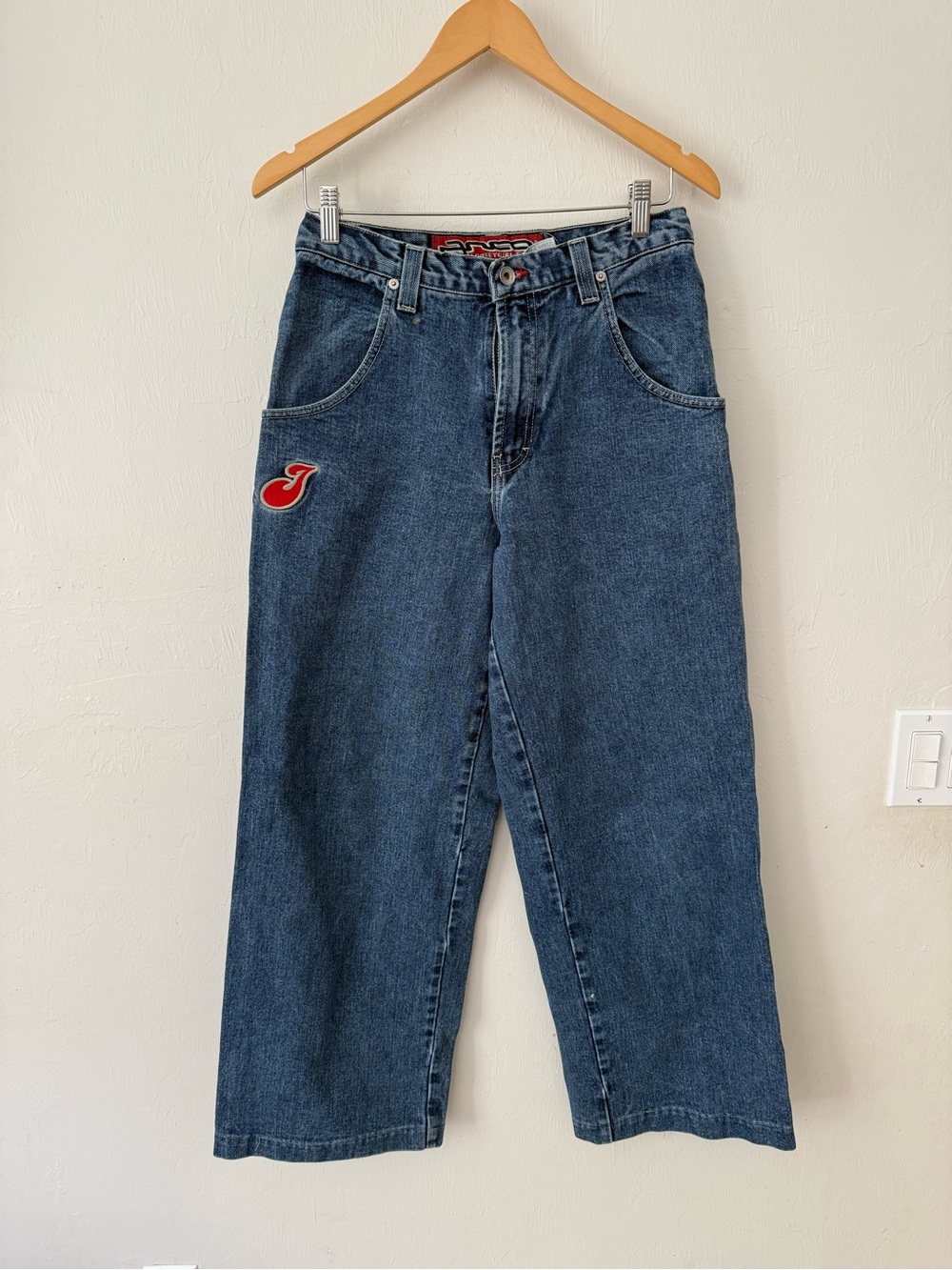 Y2K JNCO Baggy Wide-Leg Dark Blue Jeans with Red Patch